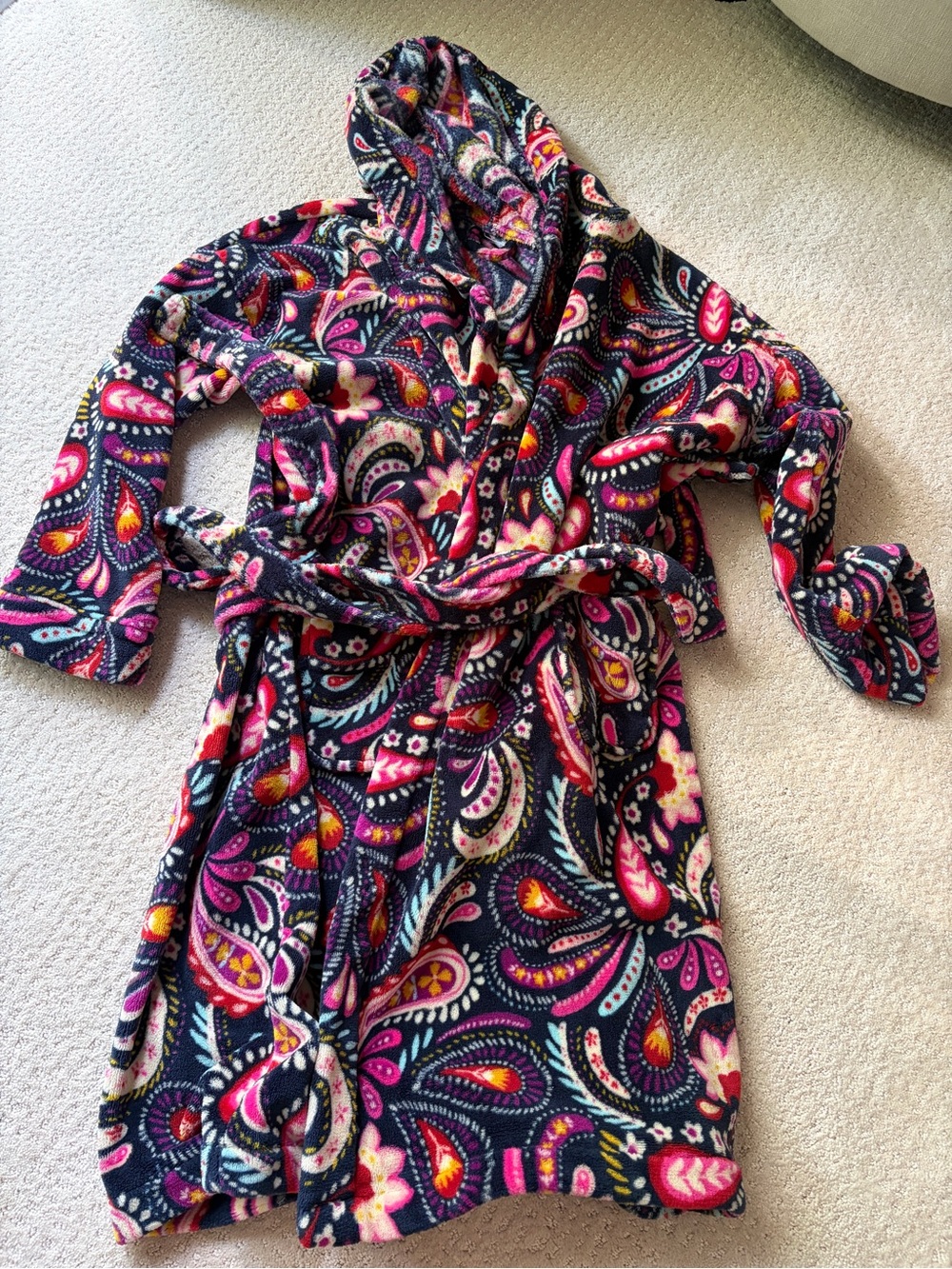 Vera Bradley Navy Plush Robe with Pink, Yellow and Teal Paisley L/XL